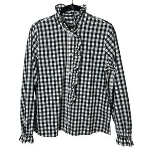 J.Crew Women’s 6 Black/White Gingham Ruffle Button Shirt High Collar Preppy